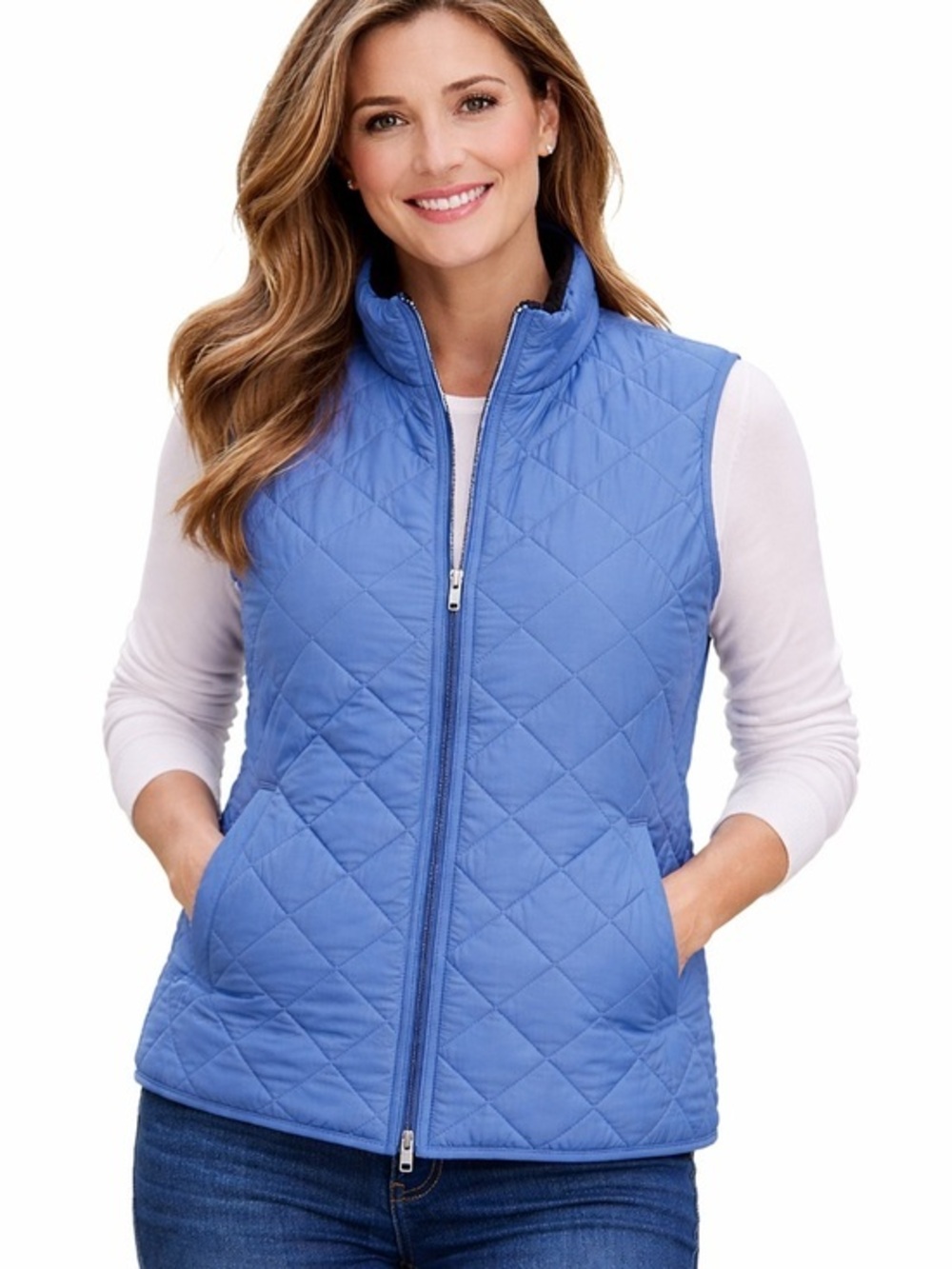 Magaschoni Women’s Blue Quilted Zip Vest Black Fleece Lined Size Large
